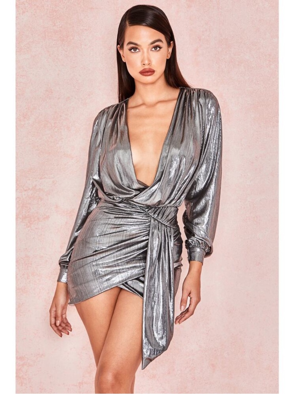 House of CB Alvona Draped Mini Dress Metallic Silver XS